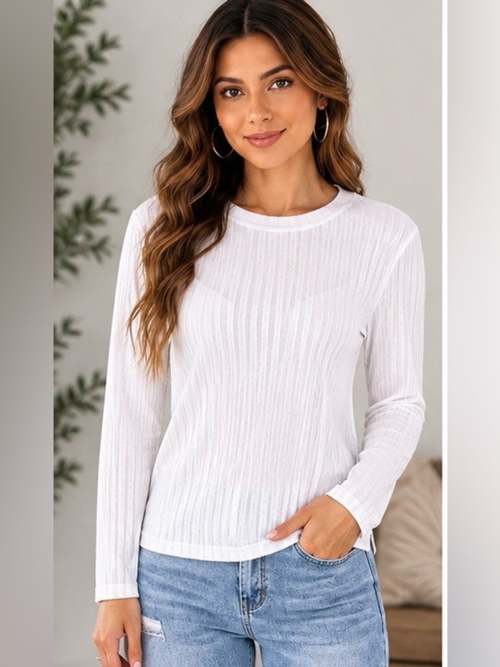 Sky & Wehyd White Ribbed Long Sleeve Top XL